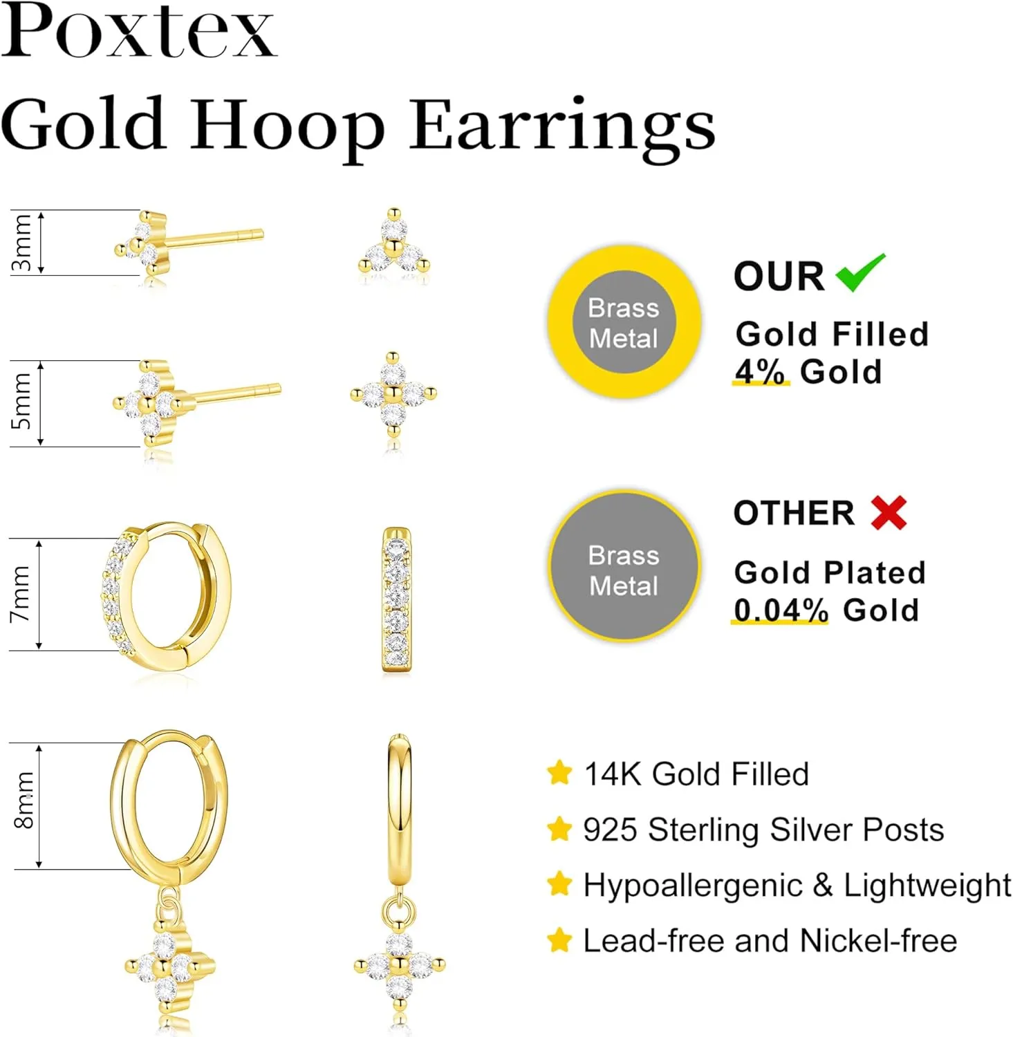 4 Pairs Gold Huggie Hoop Earring Set for Women, Dainty 14k Gold Plated Stud 925 Sterling Silver Post for Multiple Piercing, Trendy Hypoallergenic Small Dangle Earring Stacks for Sensitive Ears Jewelry Jacket Pack Gifts