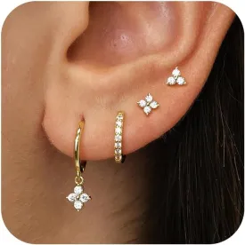 4 Pairs Gold Huggie Hoop Earring Set for Women, Dainty 14k Gold Plated Stud 925 Sterling Silver Post for Multiple Piercing, Trendy Hypoallergenic Small Dangle Earring Stacks for Sensitive Ears Jewelry Jacket Pack Gifts