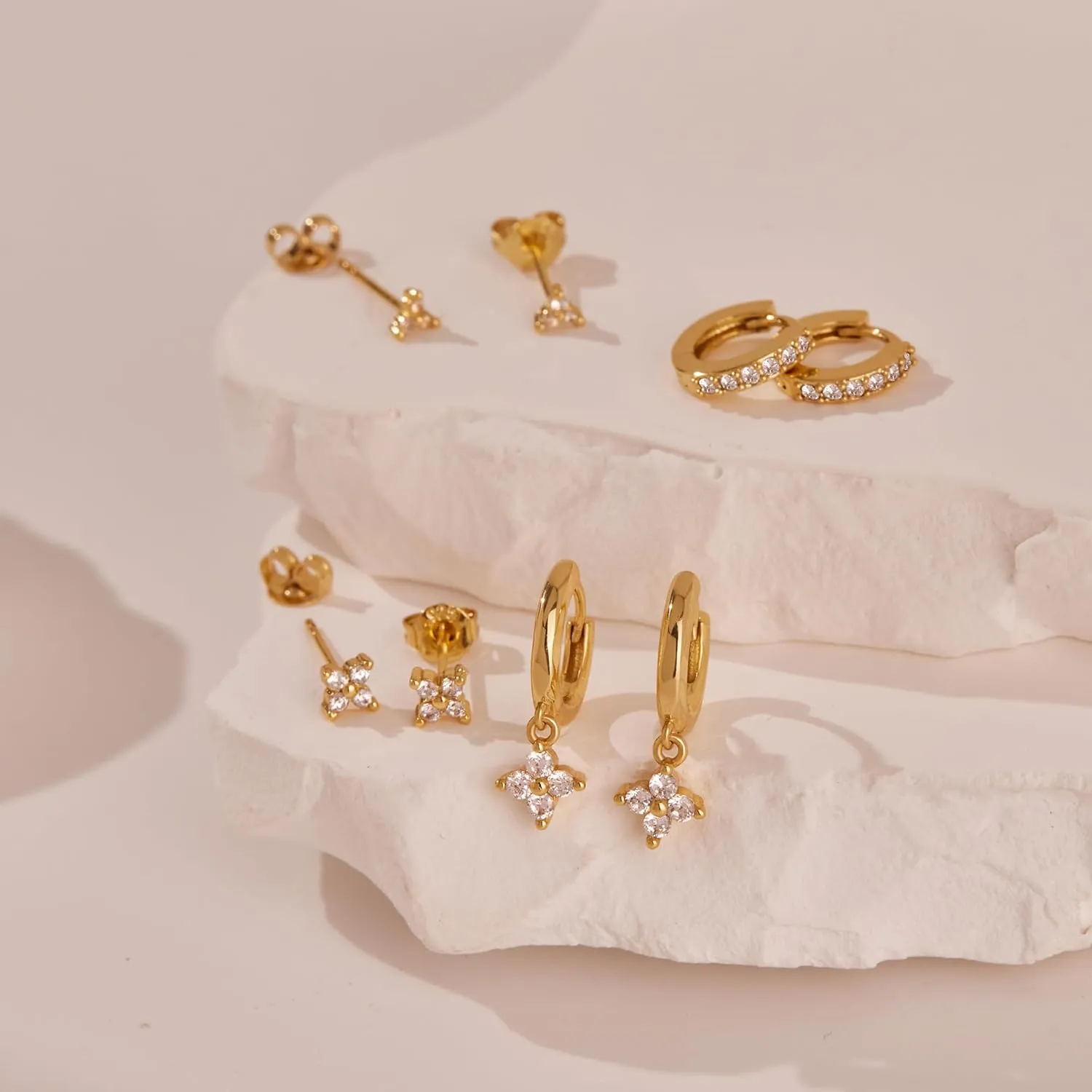 4 Pairs Gold Huggie Hoop Earring Set for Women, Dainty 14k Gold Plated Stud 925 Sterling Silver Post for Multiple Piercing, Trendy Hypoallergenic Small Dangle Earring Stacks for Sensitive Ears Jewelry Jacket Pack Gifts