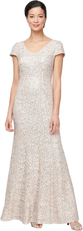 Alex Evenings Women's Long Rosette Mother of The Bride Dress with Short Sleeves, Wedding Guest (Petite and Regular Sizes)