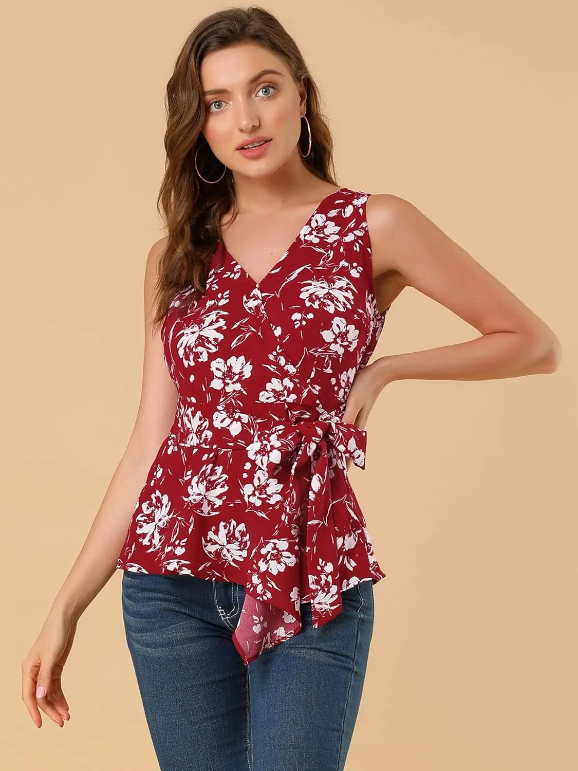 Allegra K Women's Sleeveless V Neck Tie Waist Asymmetric Hem Wrap Peplum Top