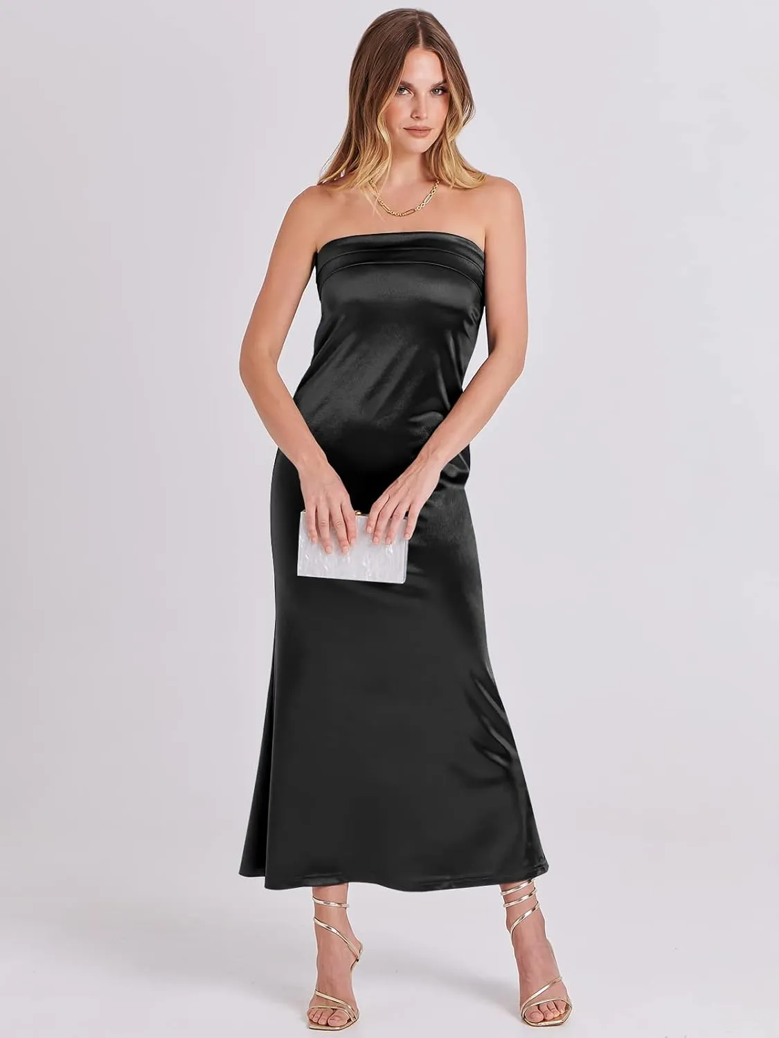 ANRABESS Women Summer Wedding Guest Maxi Dress Strapless Satin Tube Bodycon Backless Cocktail Formal Dresses 2025 Spring