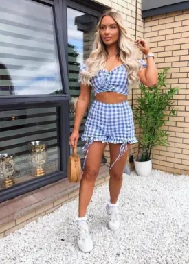 Blue Gingham Check Print Front Tie Ruched Frill Detail Bardot Co Ord Set