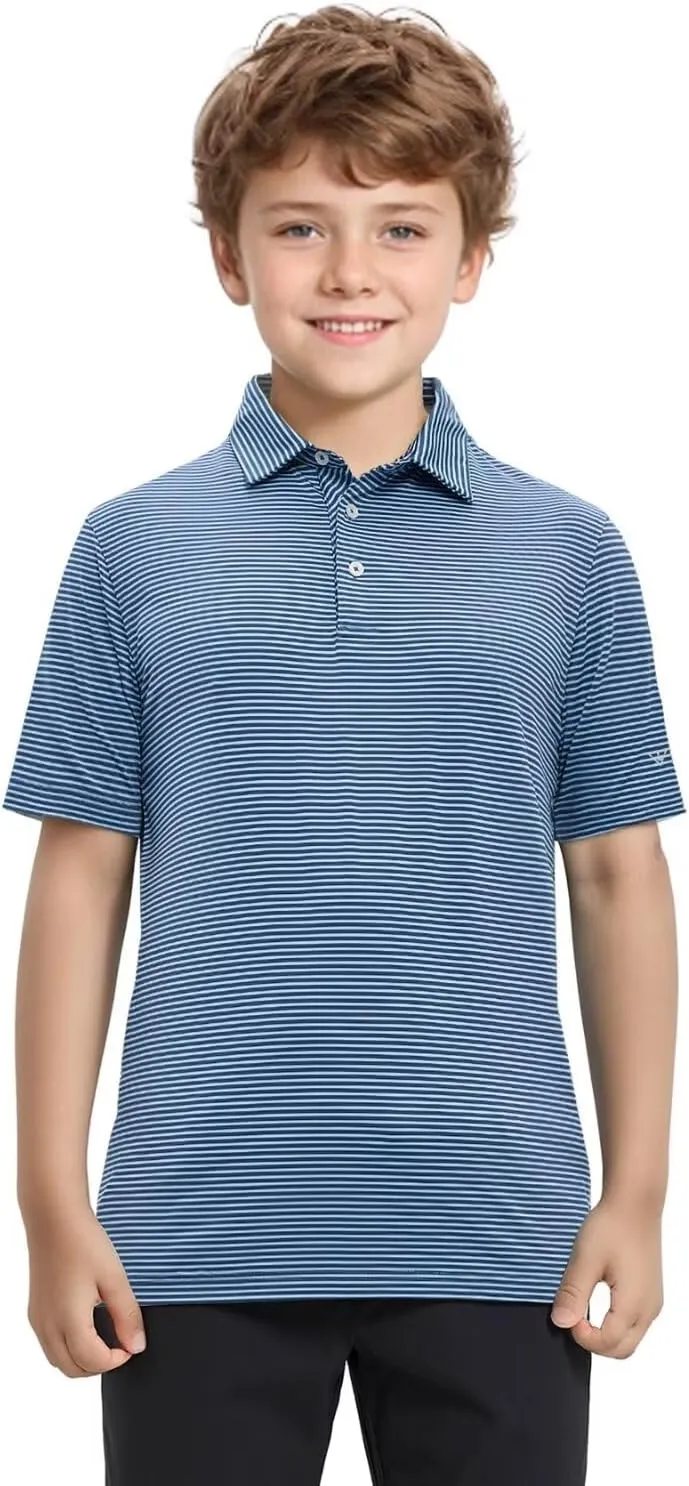 Boys Polo Shirts Short Sleeve Striped Performance Moisture Wicking Dry Fit Golf Shirts for Boys Youth Kids