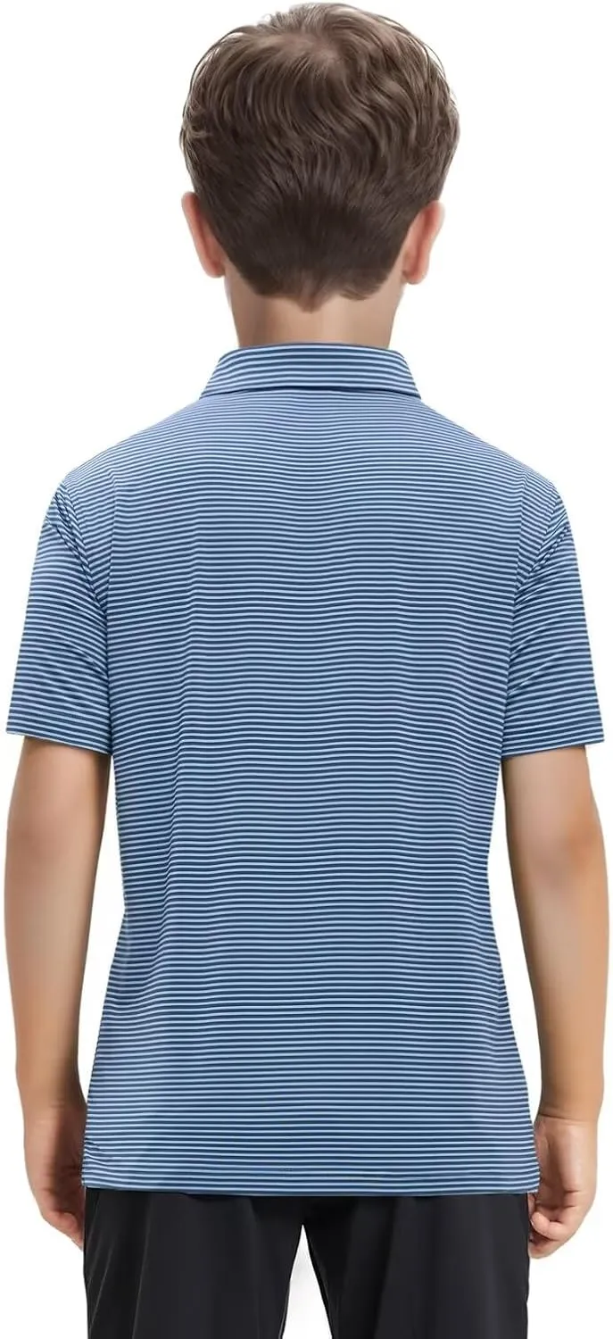 Boys Polo Shirts Short Sleeve Striped Performance Moisture Wicking Dry Fit Golf Shirts for Boys Youth Kids
