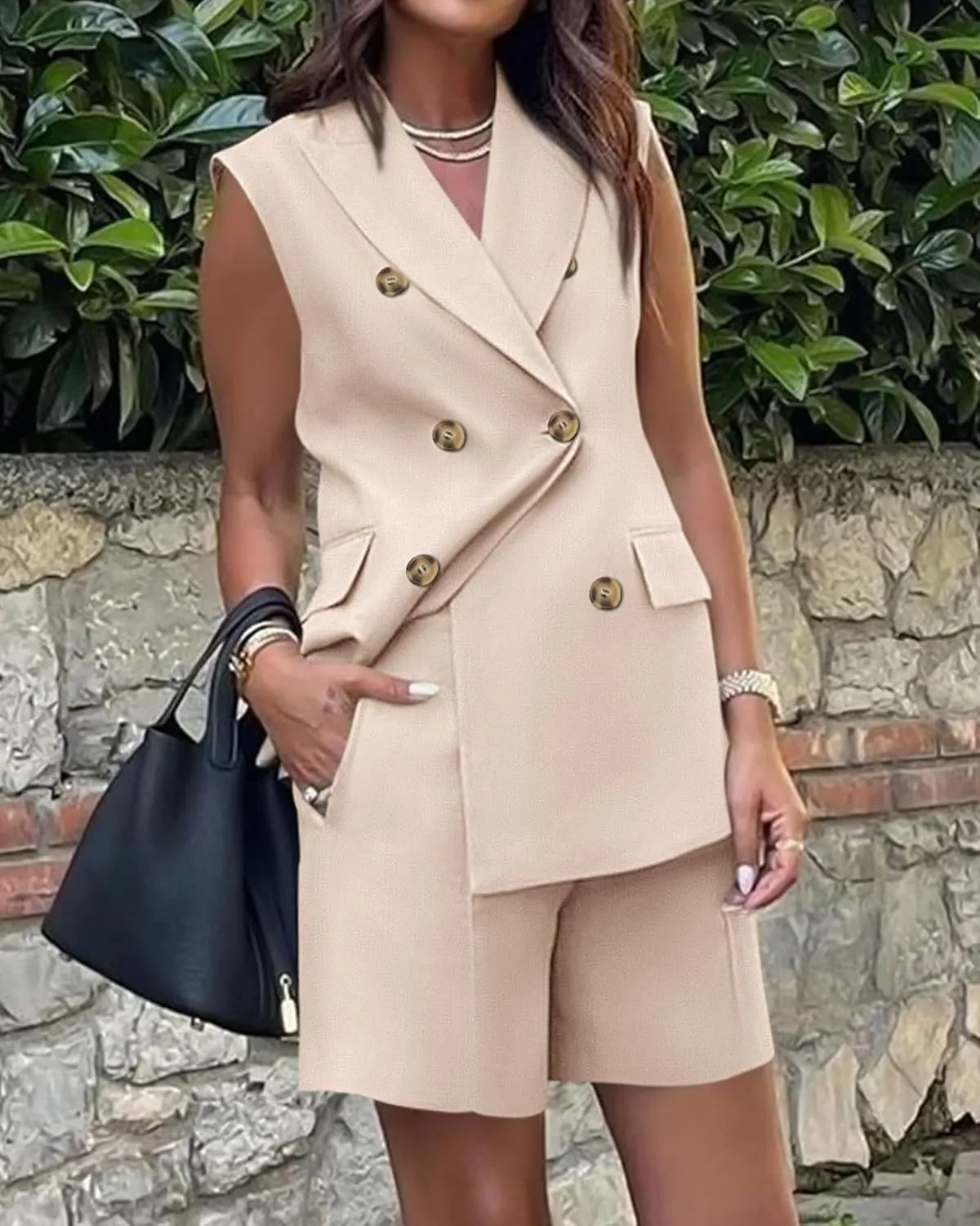 BTFBM Womens Blazer Vest Shorts Sets Lapel Neck Casual Sleeveless Button Down Office Summer 2 Piece Lounge Matching Sets
