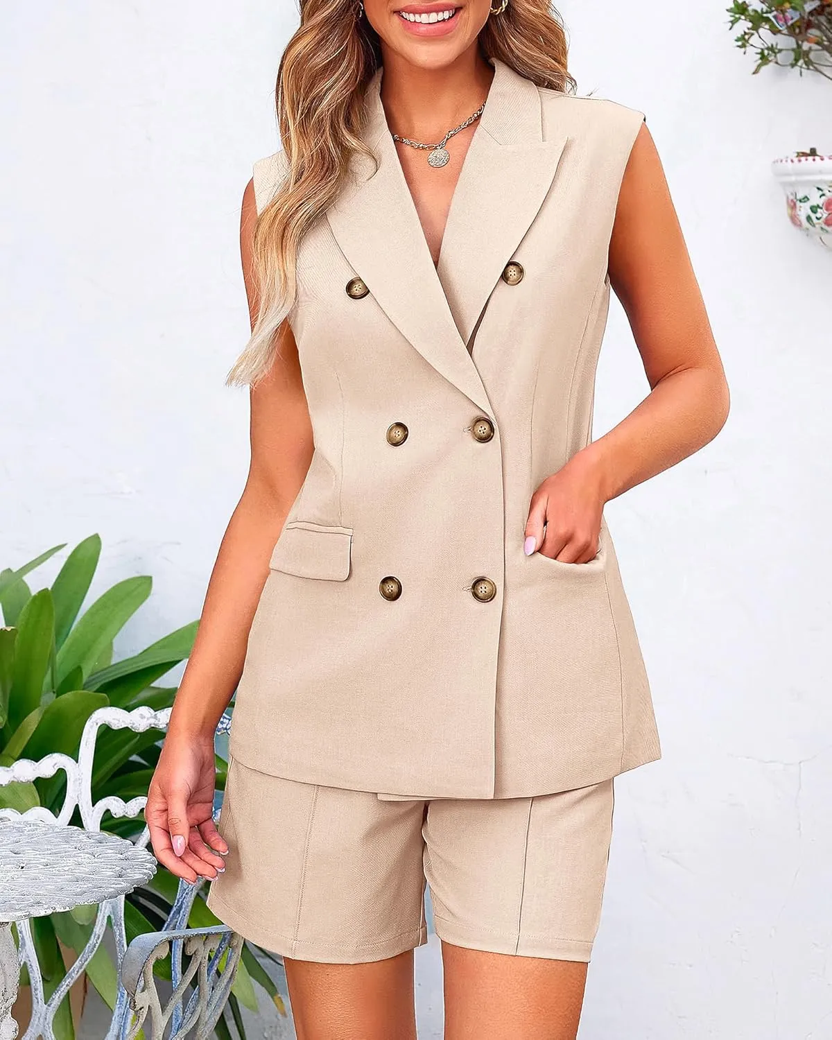 BTFBM Womens Blazer Vest Shorts Sets Lapel Neck Casual Sleeveless Button Down Office Summer 2 Piece Lounge Matching Sets