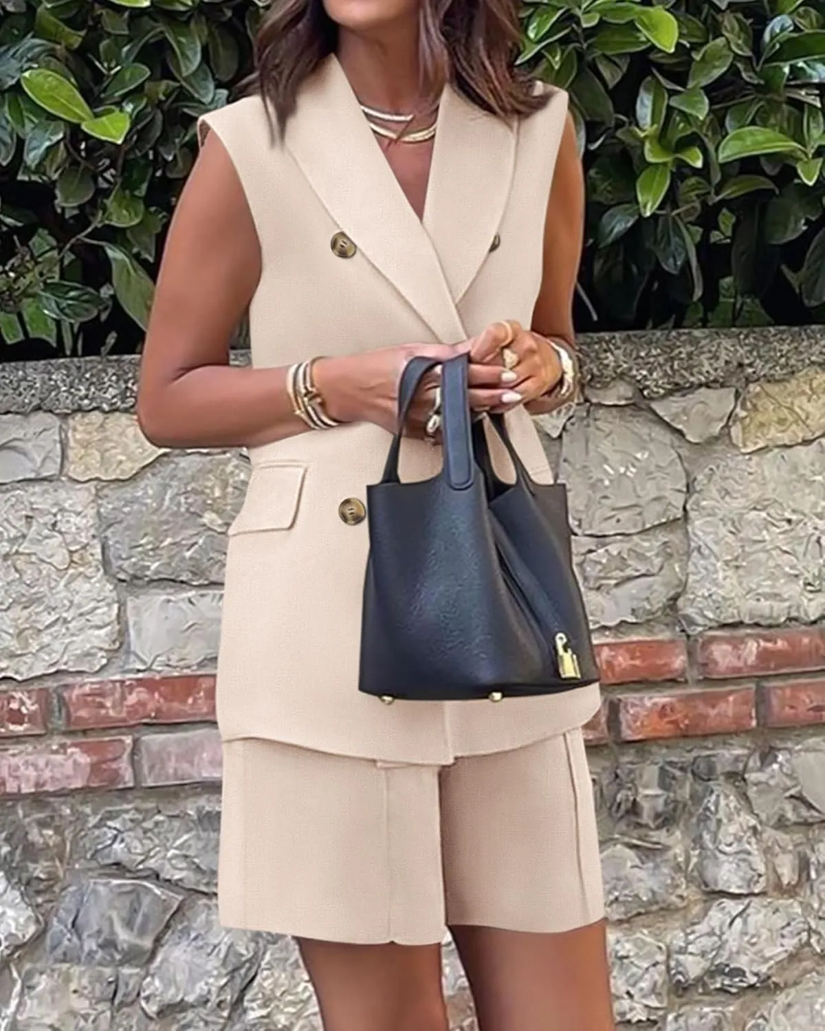 BTFBM Womens Blazer Vest Shorts Sets Lapel Neck Casual Sleeveless Button Down Office Summer 2 Piece Lounge Matching Sets