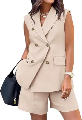 BTFBM Womens Blazer Vest Shorts Sets Lapel Neck Casual Sleeveless Button Down Office Summer 2 Piece Lounge Matching Sets