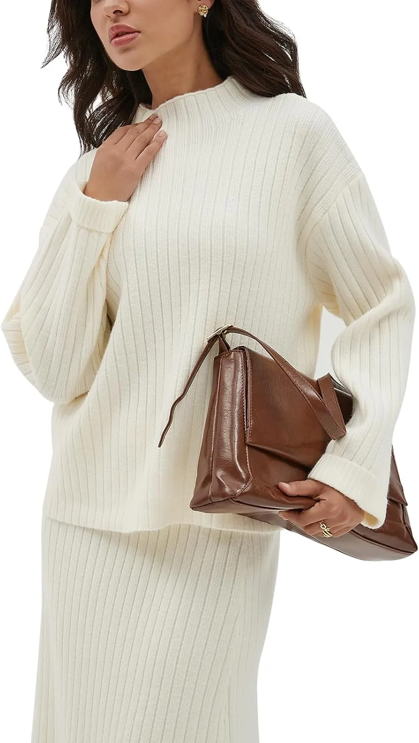 CHYRII Womens Fashion Two Piece Outfits Mock Neck Oversized Sweater Tops Skirt Sets Sweater Dress Lounge Set