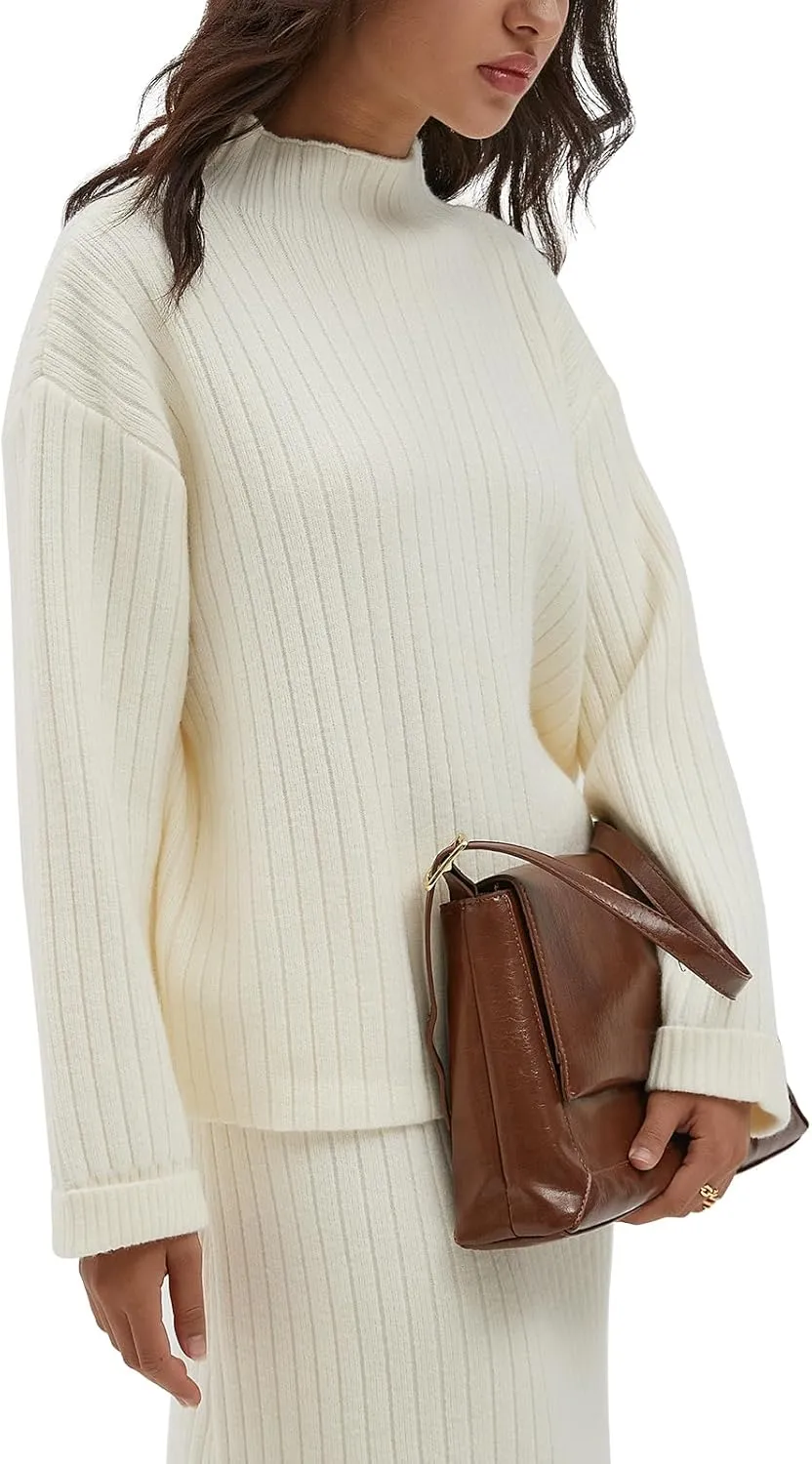 CHYRII Womens Fashion Two Piece Outfits Mock Neck Oversized Sweater Tops Skirt Sets Sweater Dress Lounge Set