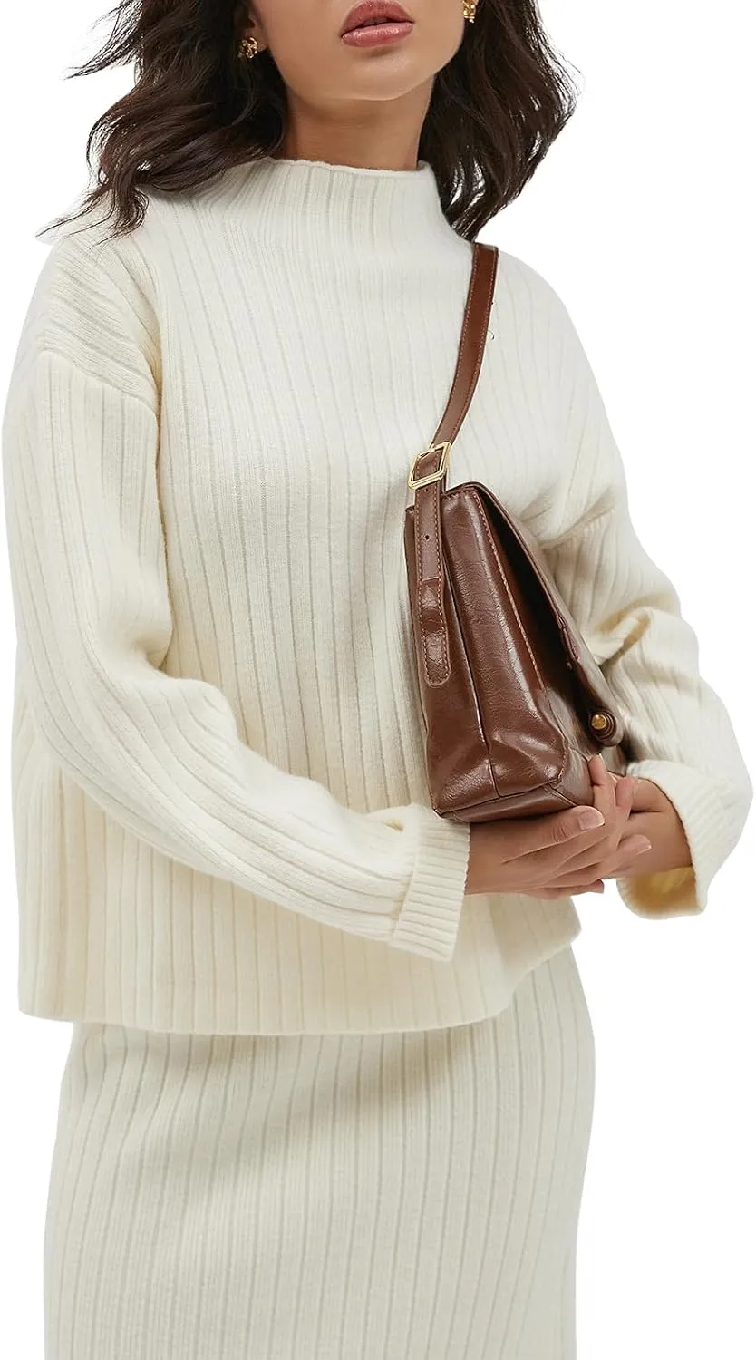 CHYRII Womens Fashion Two Piece Outfits Mock Neck Oversized Sweater Tops Skirt Sets Sweater Dress Lounge Set