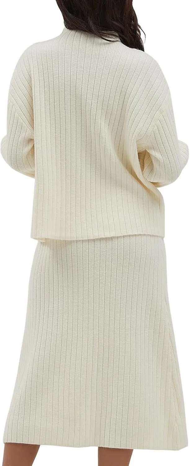 CHYRII Womens Fashion Two Piece Outfits Mock Neck Oversized Sweater Tops Skirt Sets Sweater Dress Lounge Set