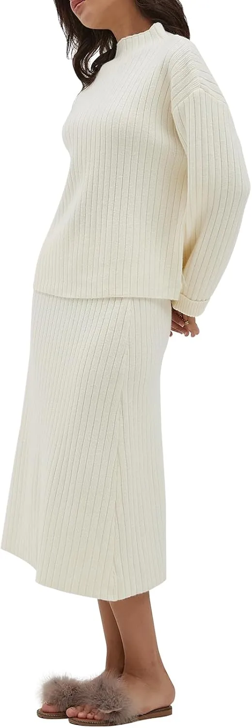 CHYRII Womens Fashion Two Piece Outfits Mock Neck Oversized Sweater Tops Skirt Sets Sweater Dress Lounge Set