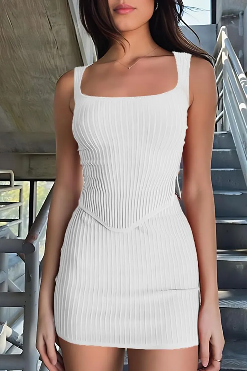 CHYRII Womens Sexy Summer Two Piece Outfits Square Neck Going Out Crop Top Bodycon Skirt Sets Mini Dress