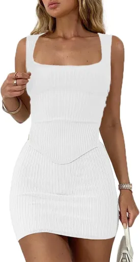 CHYRII Womens Sexy Summer Two Piece Outfits Square Neck Going Out Crop Top Bodycon Skirt Sets Mini Dress