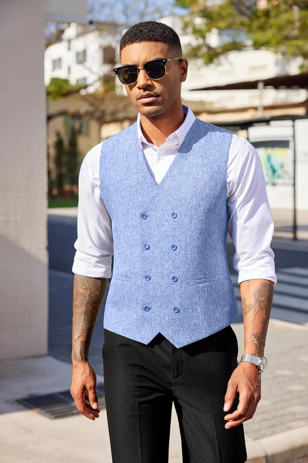 COOFANDY Men's Double Breasted Suit Vest Lightweight Waistcoat Slim Fit Dress Vest