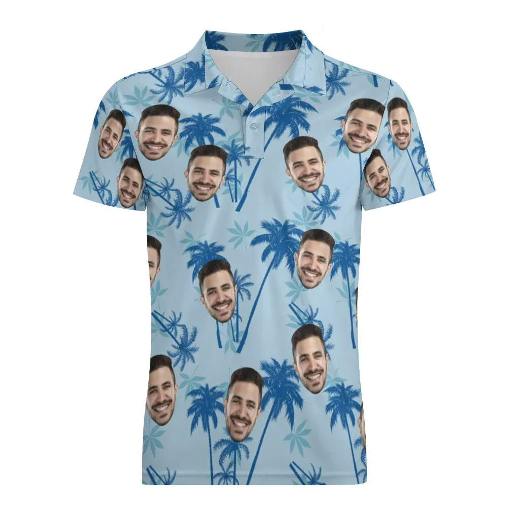 Custom Face Polo Shirts For Men Light Blue Hawaiian Style Golf Shirts
