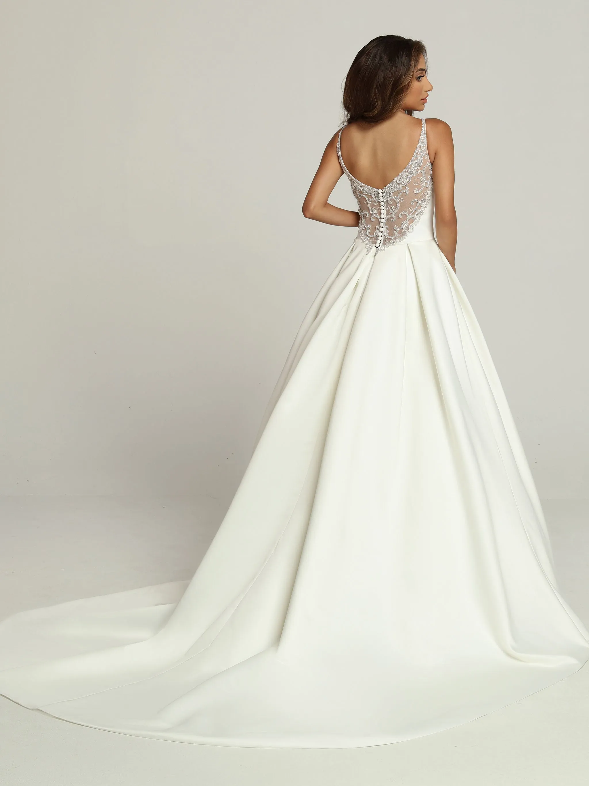 Davinci Bridal 50690 Satin A Line Ballgown Wedding Dress Sheer Rhinestone V Neck Bridal Gown