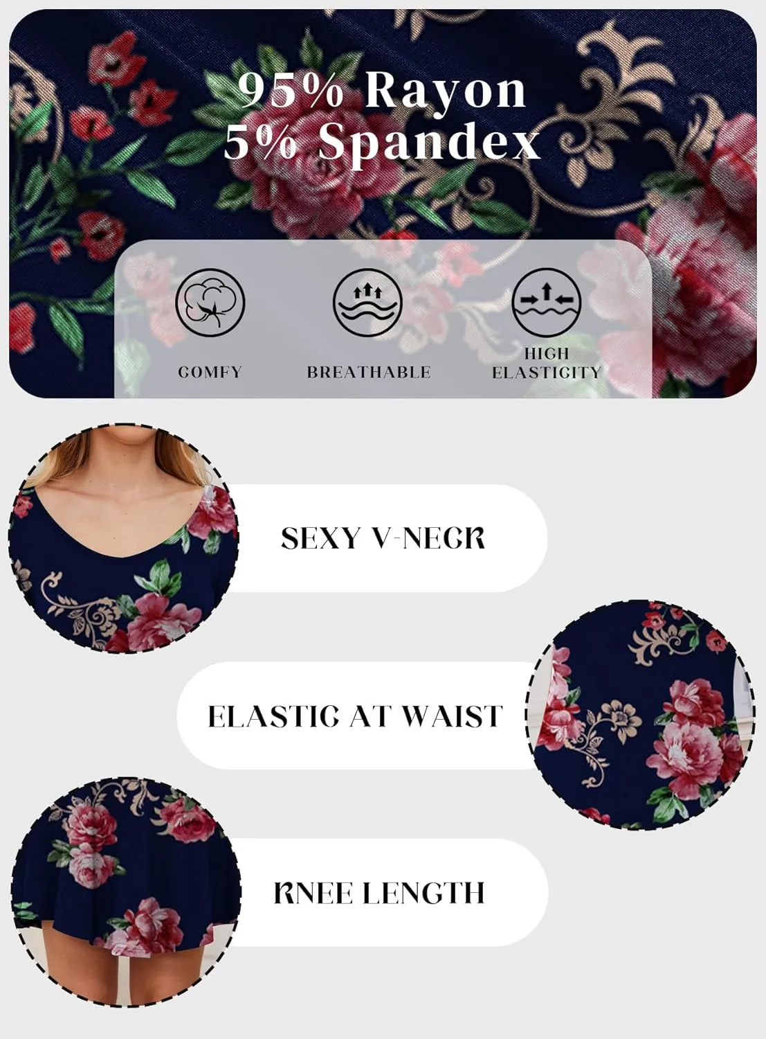 DEARCASE Women's T Shirt Dress Long Sleeve V-Neck Floral Print Casual Loose Flowy Swing Dresses