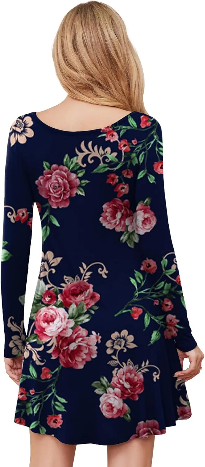 DEARCASE Women's T Shirt Dress Long Sleeve V-Neck Floral Print Casual Loose Flowy Swing Dresses