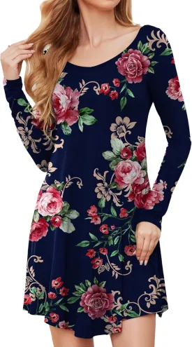 DEARCASE Women's T Shirt Dress Long Sleeve V-Neck Floral Print Casual Loose Flowy Swing Dresses