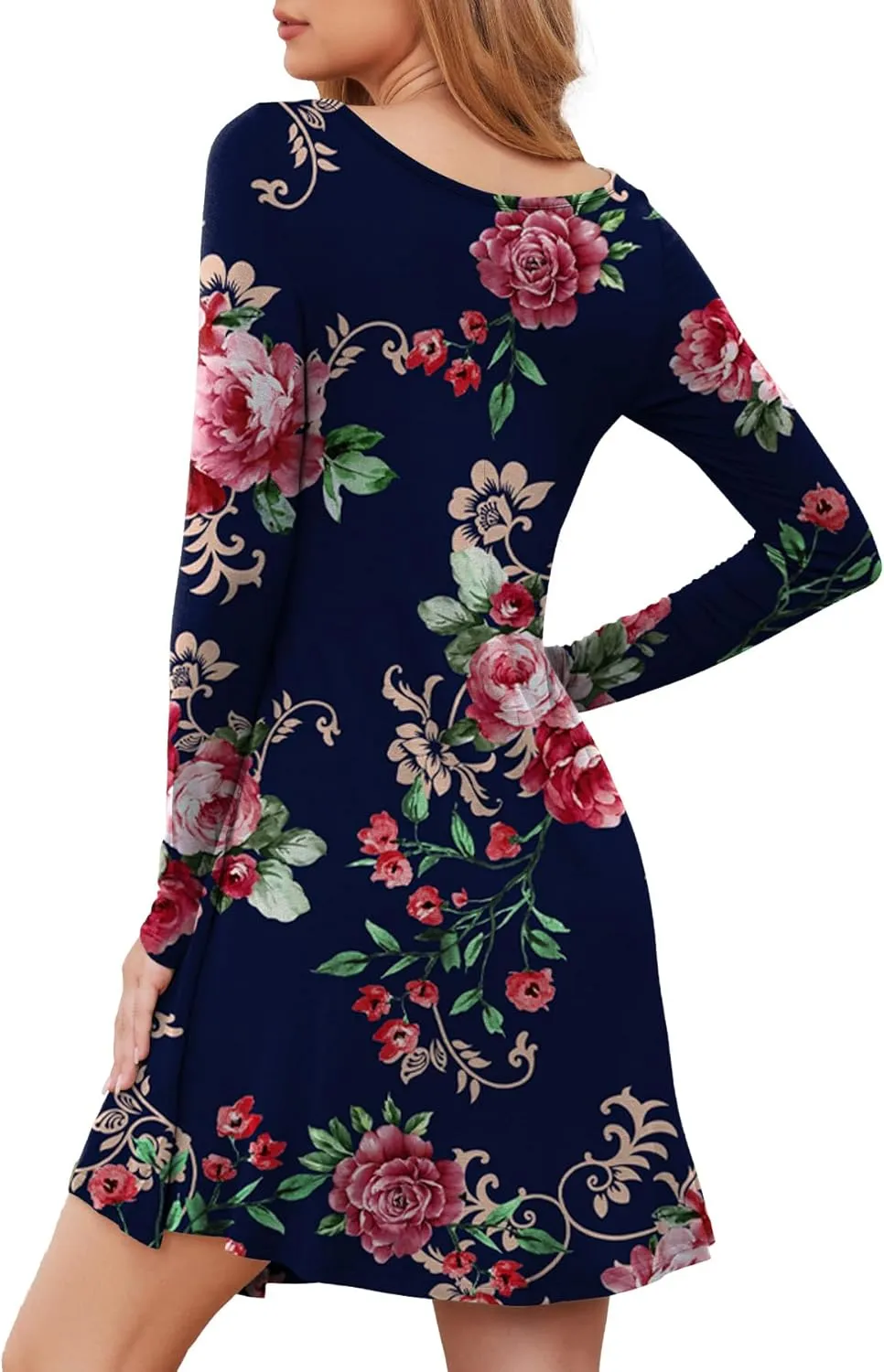 DEARCASE Women's T Shirt Dress Long Sleeve V-Neck Floral Print Casual Loose Flowy Swing Dresses
