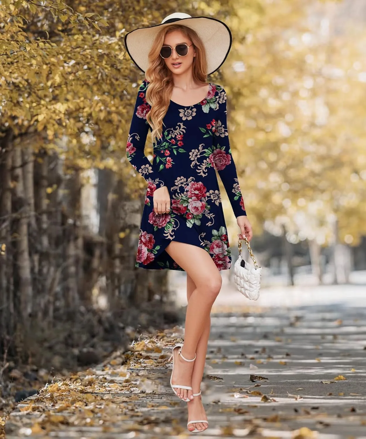 DEARCASE Women's T Shirt Dress Long Sleeve V-Neck Floral Print Casual Loose Flowy Swing Dresses
