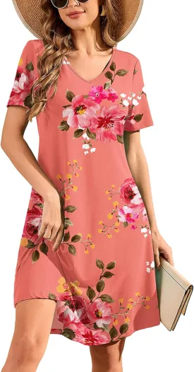 DEARCASE Women's T Shirt Dress Short Sleeve V-Neck Spring Summer Casual Loose Flowy Swing Midi Tunic Dresses