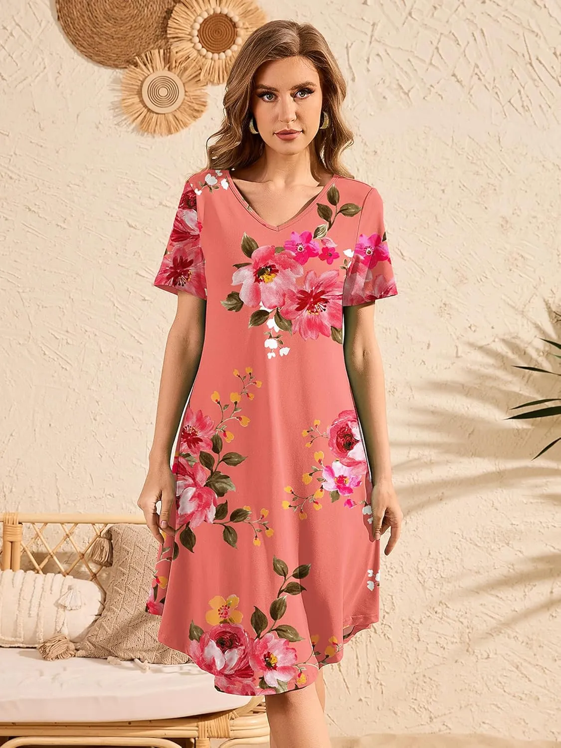 DEARCASE Women's T Shirt Dress Short Sleeve V-Neck Spring Summer Casual Loose Flowy Swing Midi Tunic Dresses