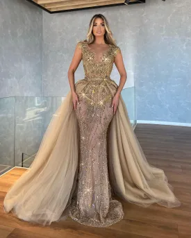 Detachable Train Embroidered Evening Gown