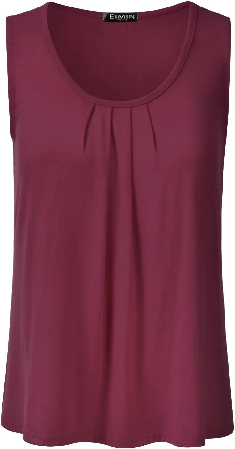 EIMIN Women's Pleated Scoop Neck Sleeveless Stretch Basic Soft Tank Top (S-3X)