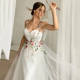 Embroidered Floral Lace Up A-Line Wedding Dress
