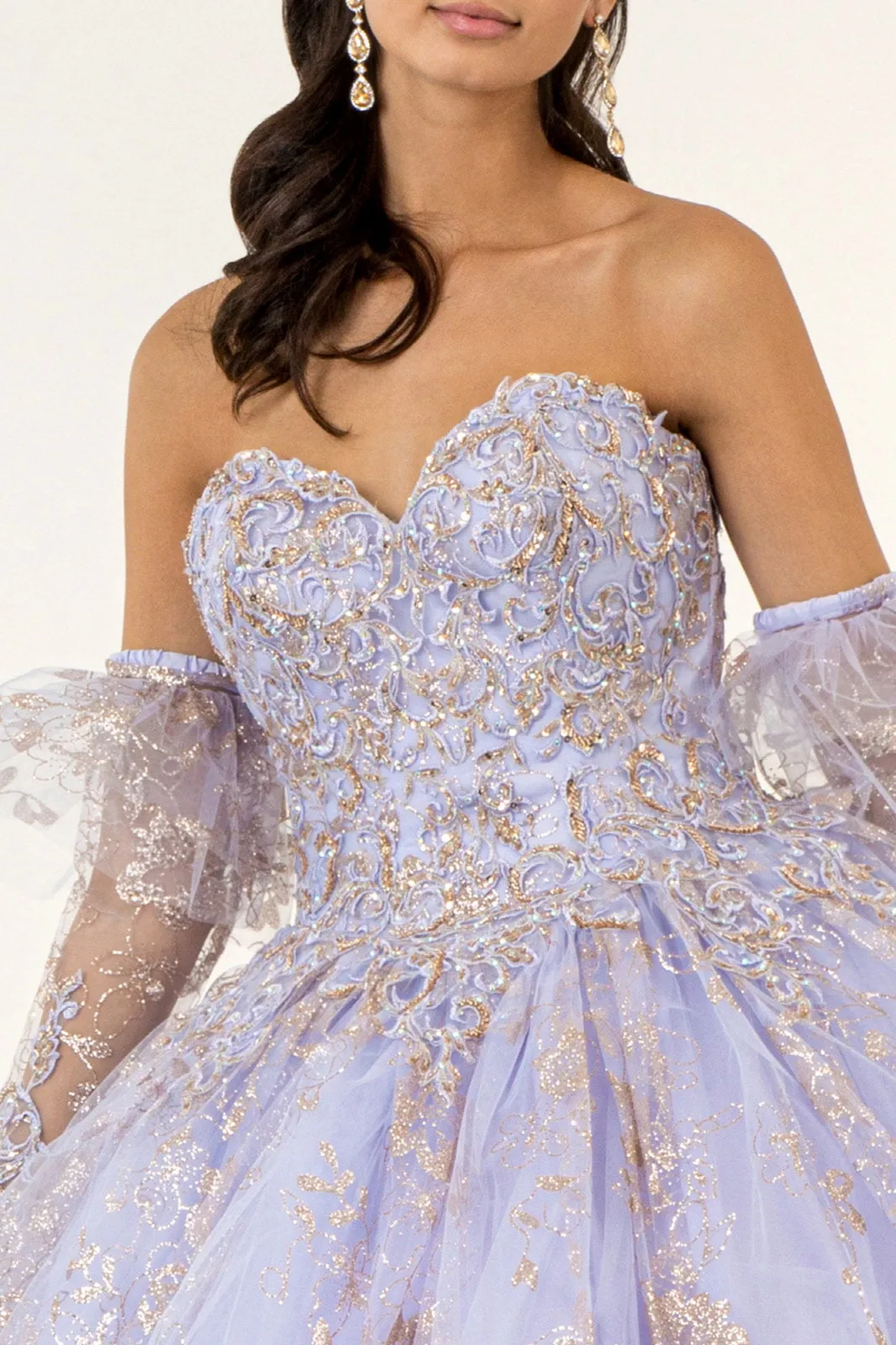 Embroidered Glitter Mesh Quinceanera Dress Detached Long Sleeve GLGL1944