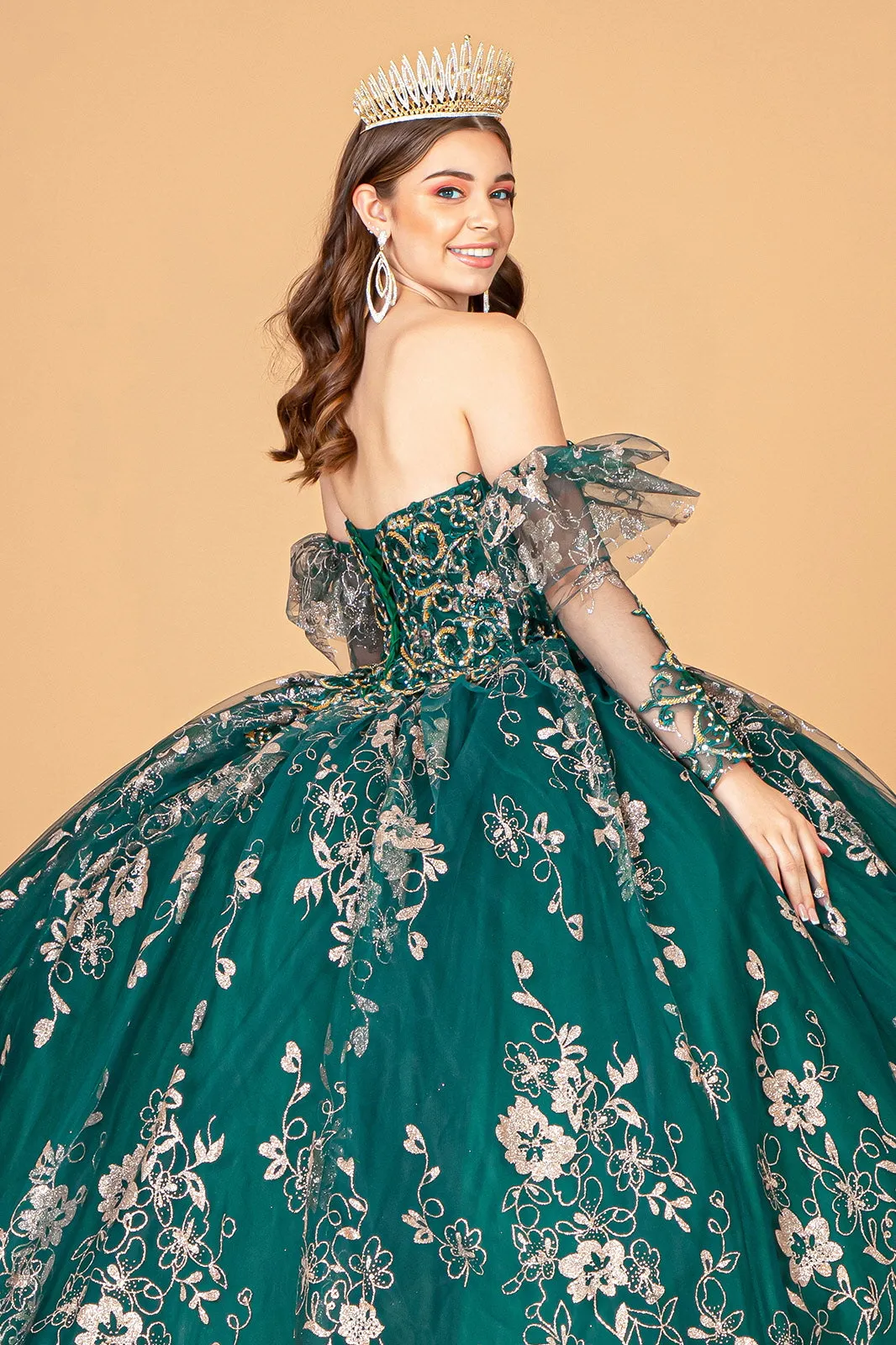 Embroidered Glitter Mesh Quinceanera Dress Detached Long Sleeve GLGL1944