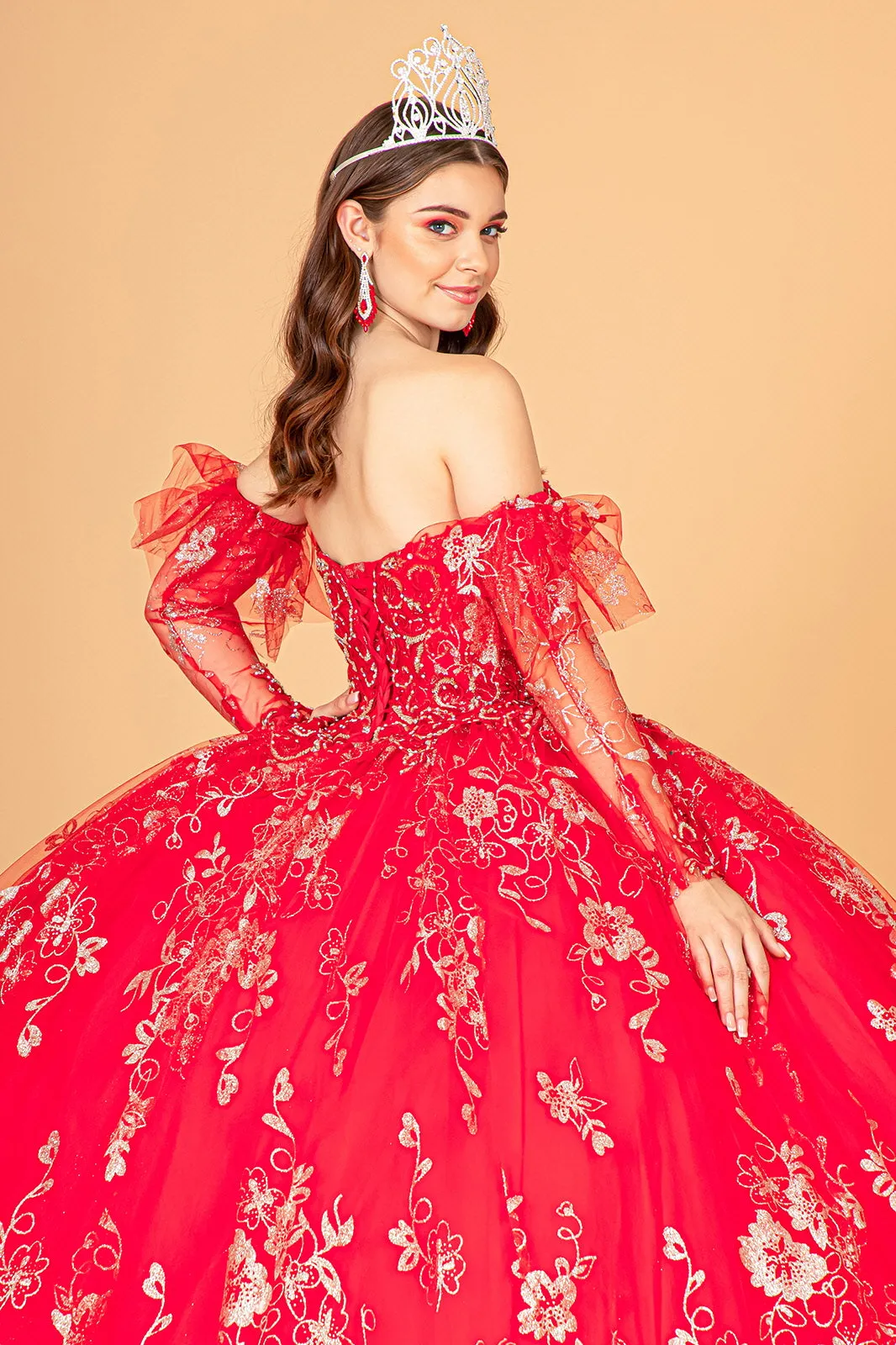 Embroidered Glitter Mesh Quinceanera Dress Detached Long Sleeve GLGL1944