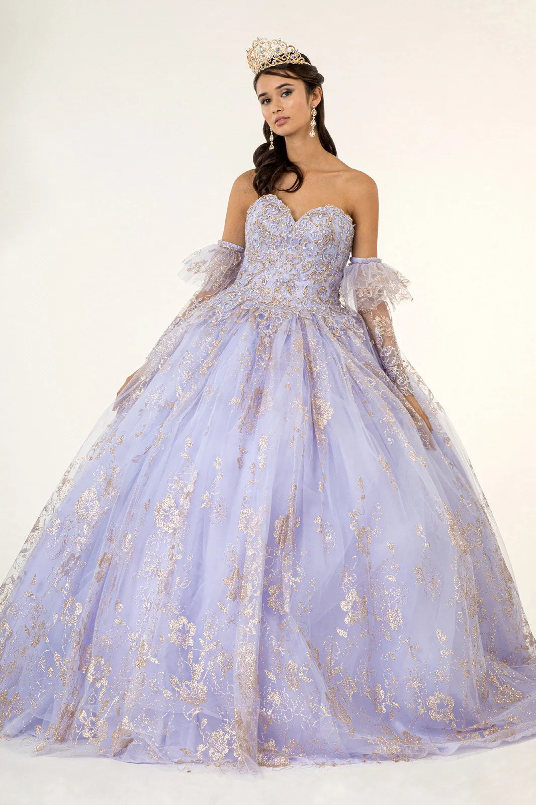 Embroidered Glitter Mesh Quinceanera Dress Detached Long Sleeve GLGL1944