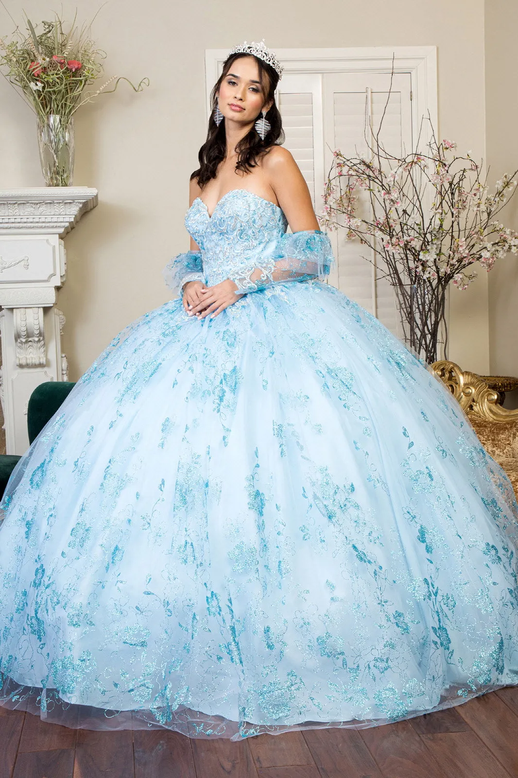 Embroidered Glitter Mesh Quinceanera Dress Detached Long Sleeve GLGL1944