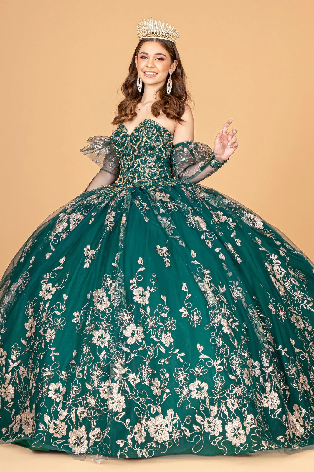 Embroidered Glitter Mesh Quinceanera Dress Detached Long Sleeve GLGL1944