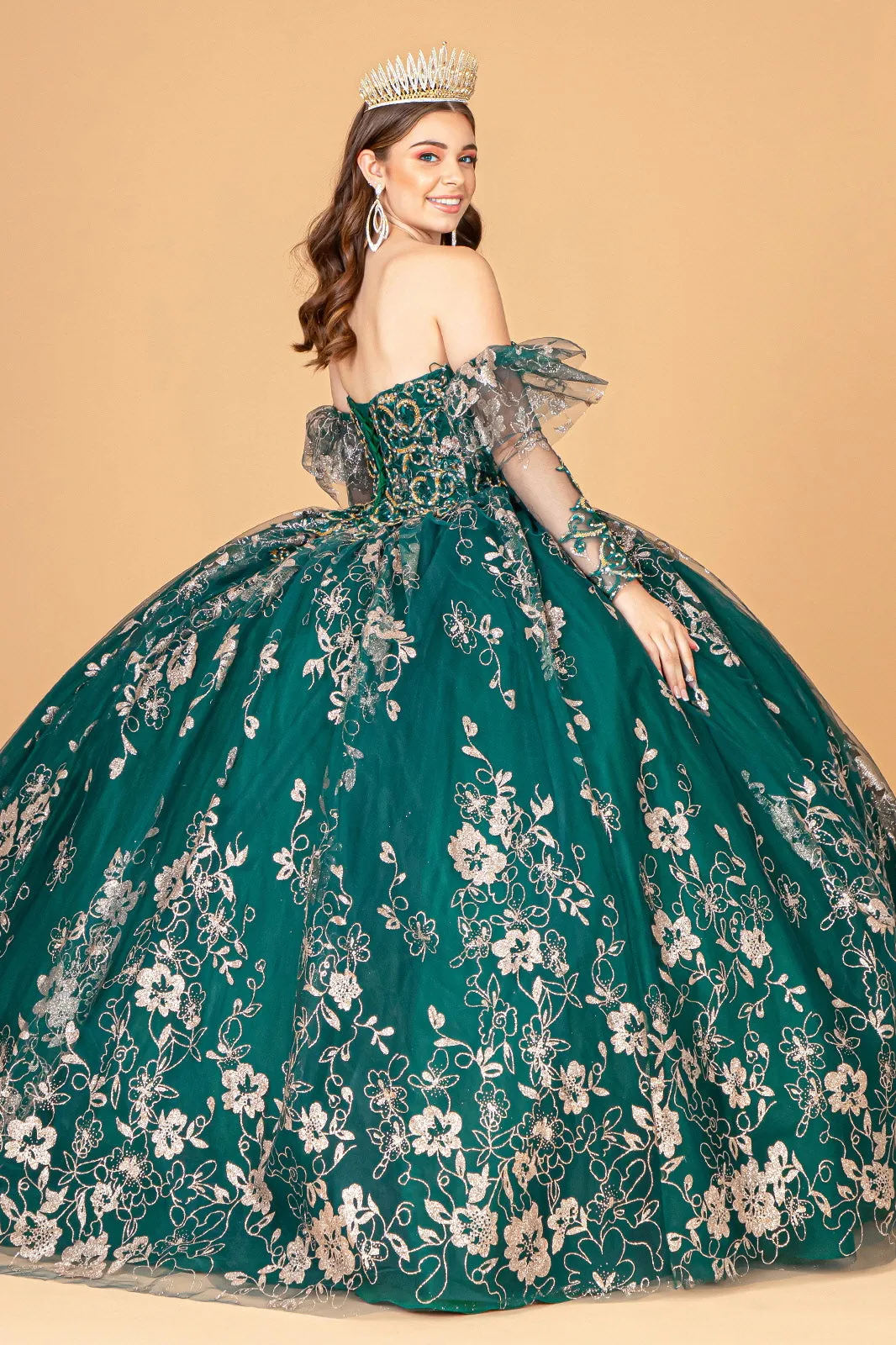 Embroidered Glitter Mesh Quinceanera Dress Detached Long Sleeve GLGL1944