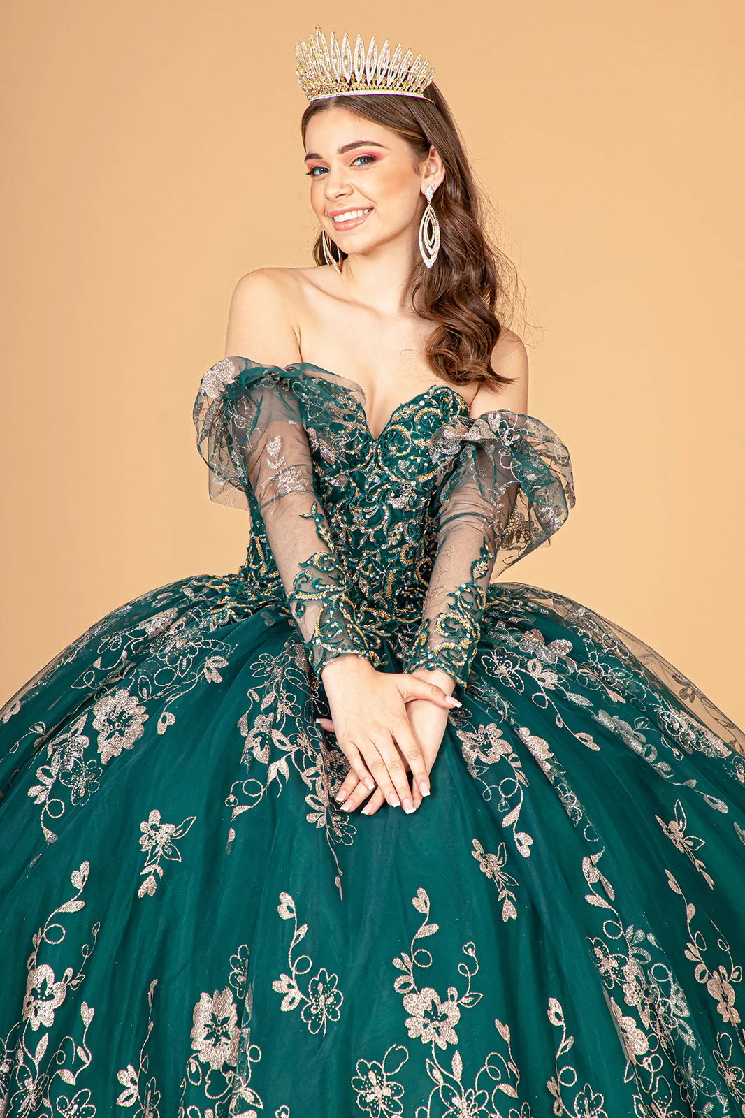 Embroidered Glitter Mesh Quinceanera Dress Detached Long Sleeve GLGL1944
