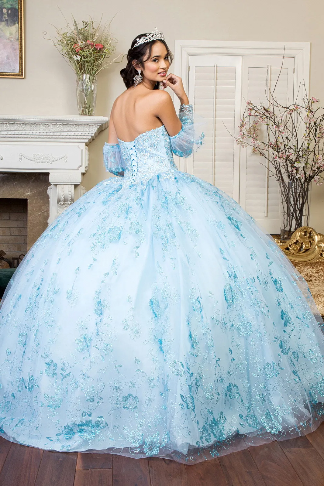 Embroidered Glitter Mesh Quinceanera Dress Detached Long Sleeve GLGL1944