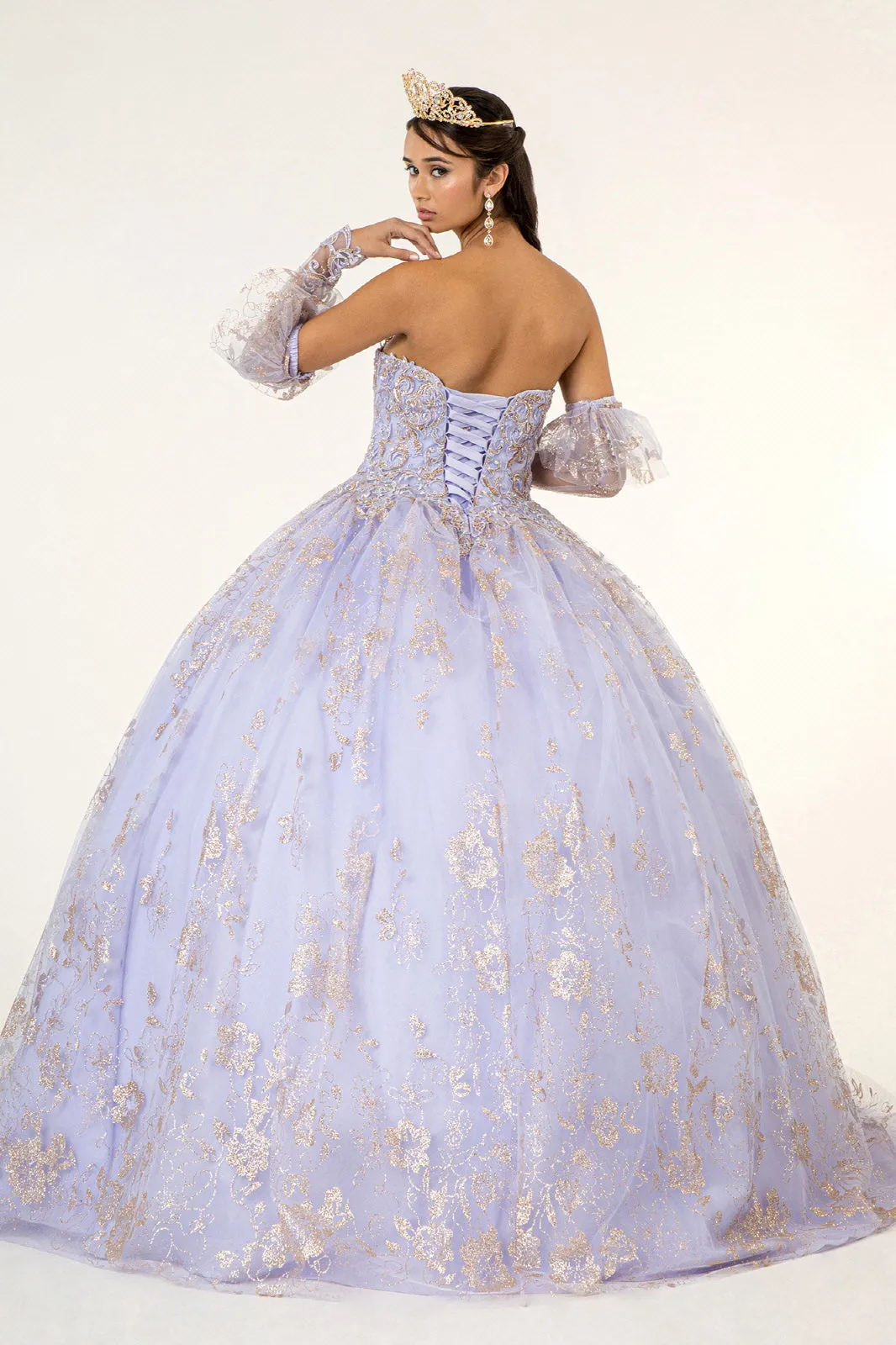 Embroidered Glitter Mesh Quinceanera Dress Detached Long Sleeve GLGL1944