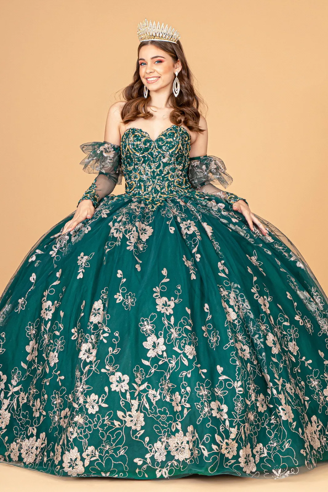 Embroidered Glitter Mesh Quinceanera Dress Detached Long Sleeve GLGL1944