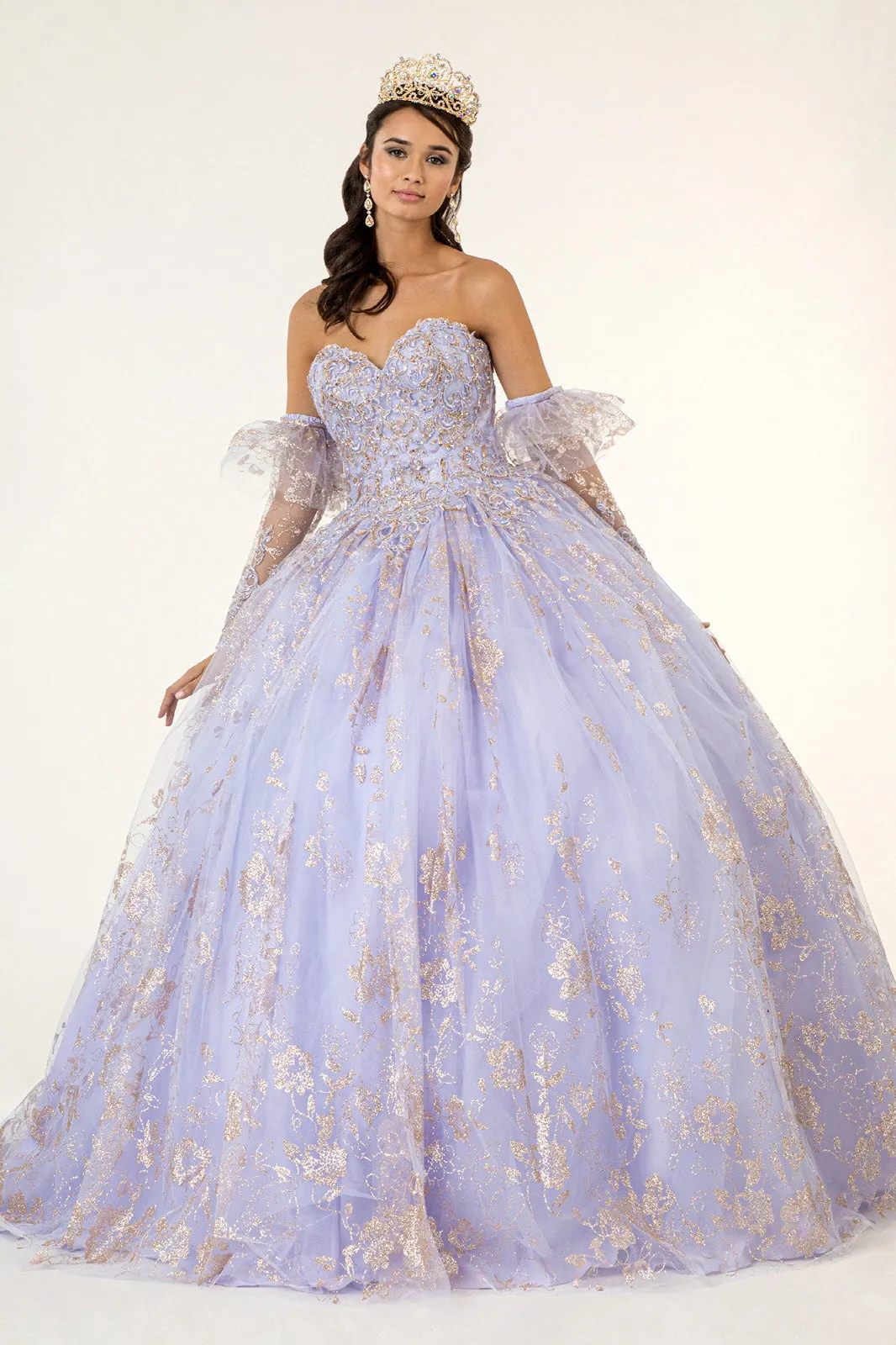 Embroidered Glitter Mesh Quinceanera Dress Detached Long Sleeve GLGL1944