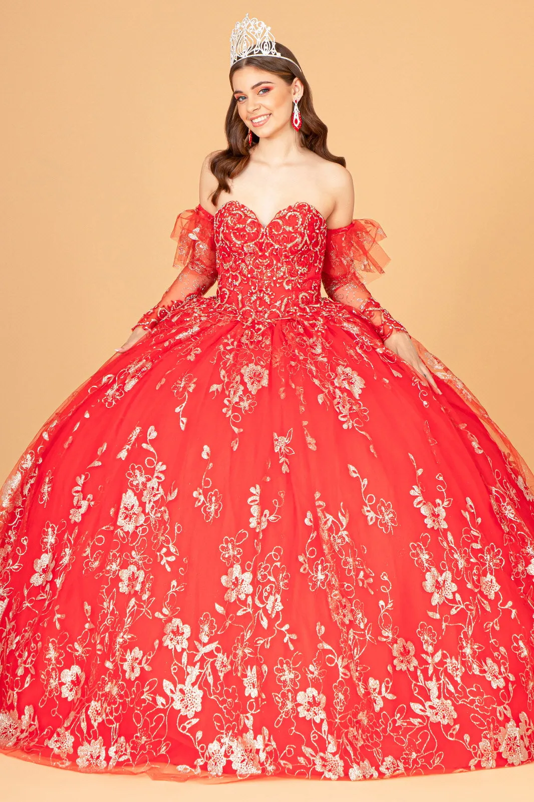 Embroidered Glitter Mesh Quinceanera Dress Detached Long Sleeve GLGL1944