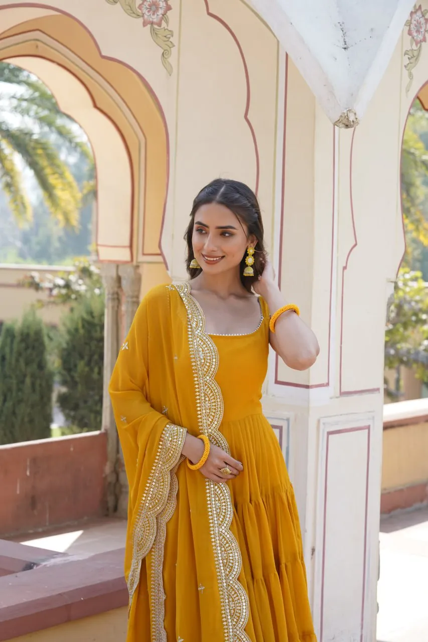 Faux Georgette Yellow Gown with Designer Embroidered Dupatta