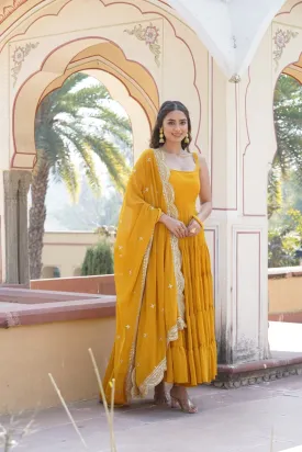 Faux Georgette Yellow Gown with Designer Embroidered Dupatta