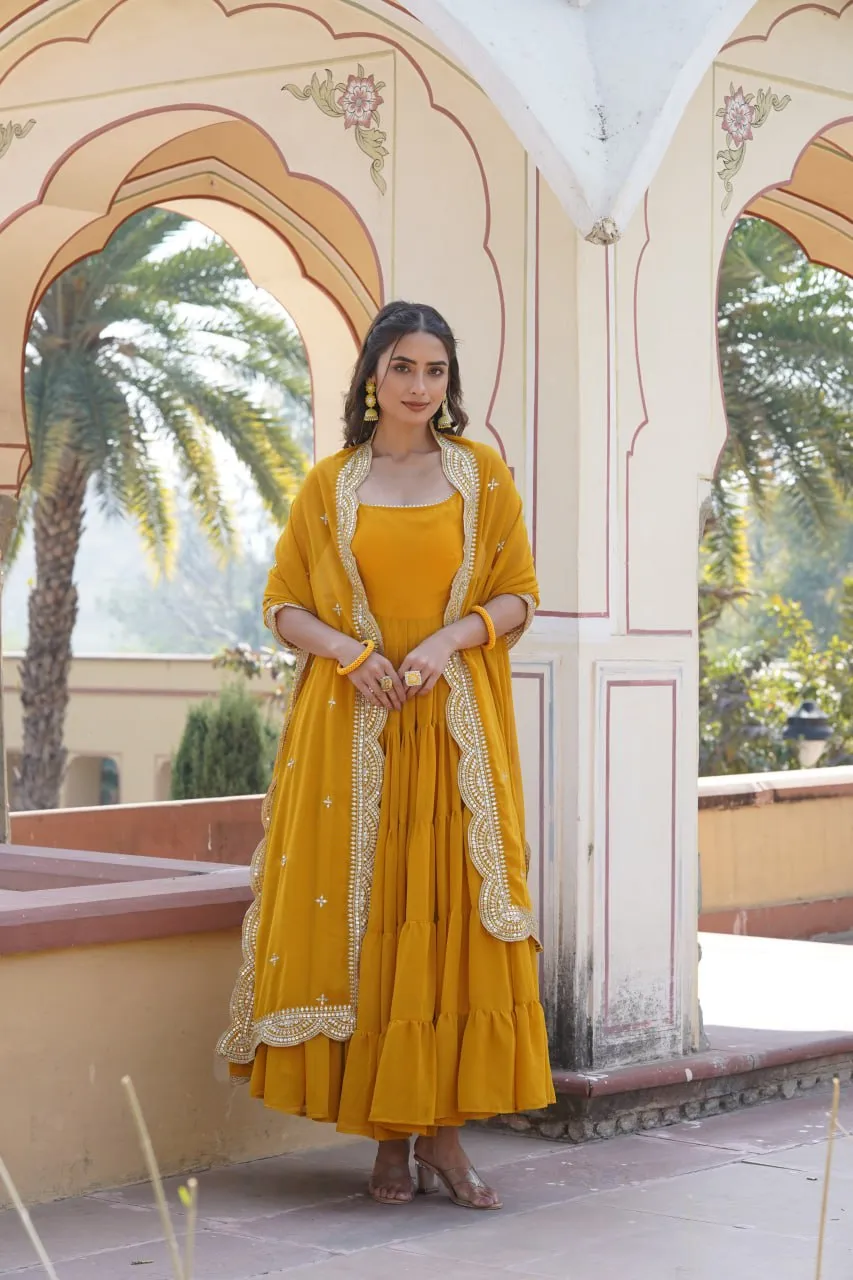 Faux Georgette Yellow Gown with Designer Embroidered Dupatta