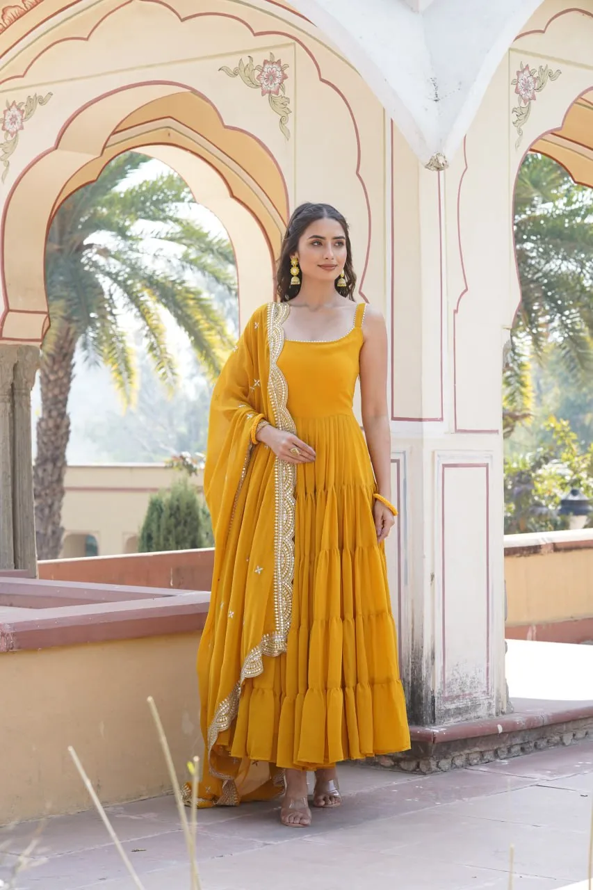 Faux Georgette Yellow Gown with Designer Embroidered Dupatta